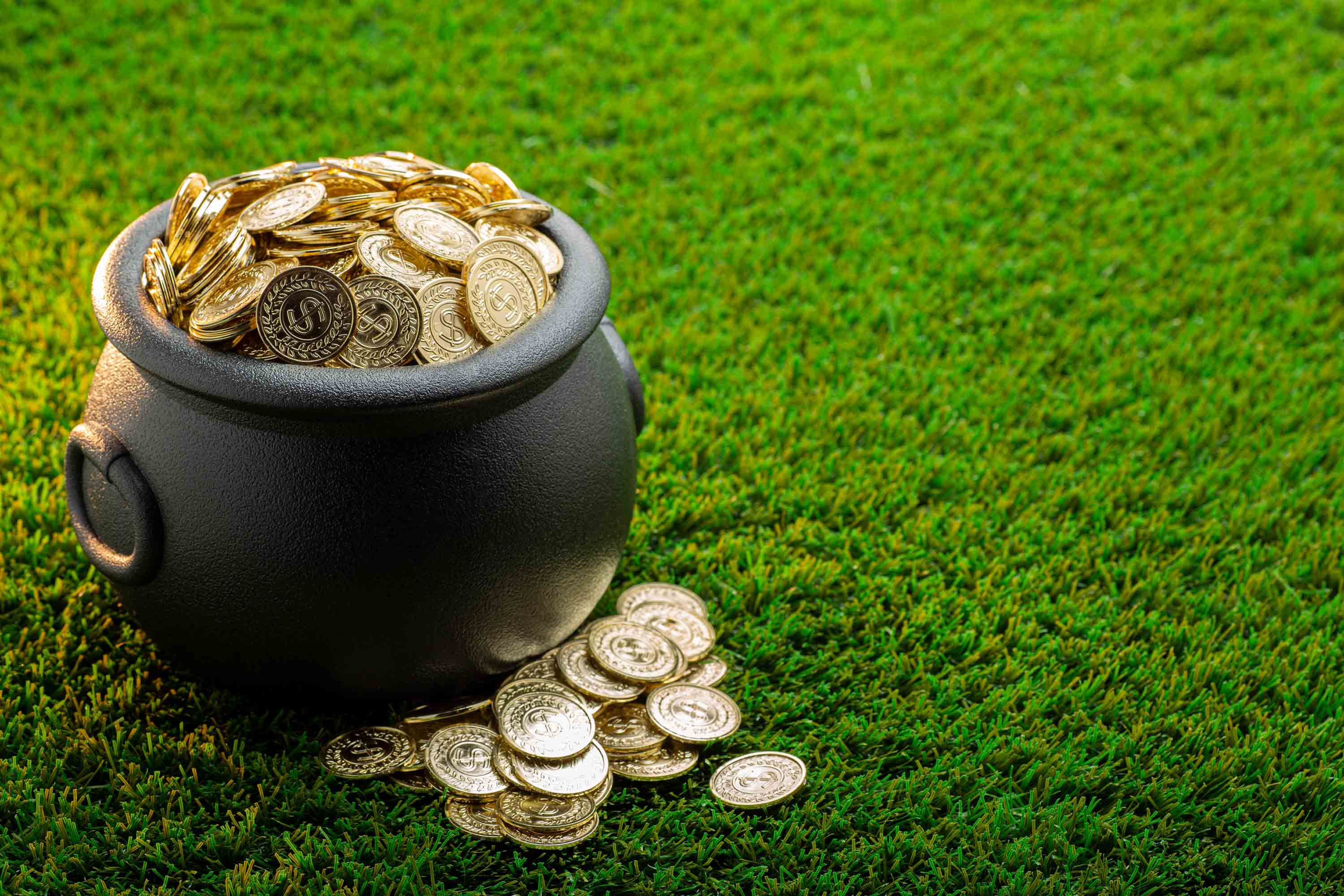 pot of gold coins on green grass